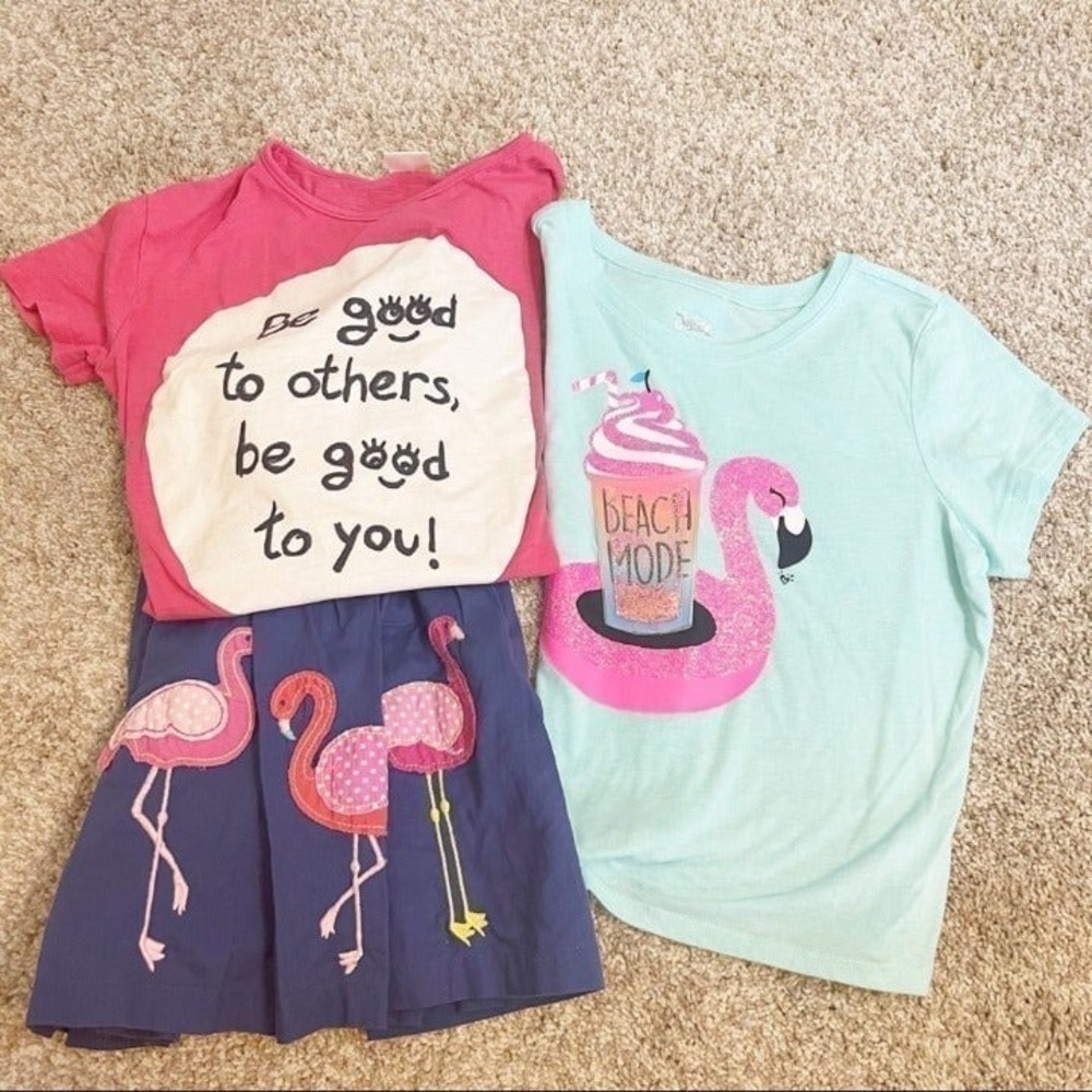Zara Justice Mini Boden Girls 10 Flamingo Summer Lot 2 Shirts 1 Skirt Pink Blue